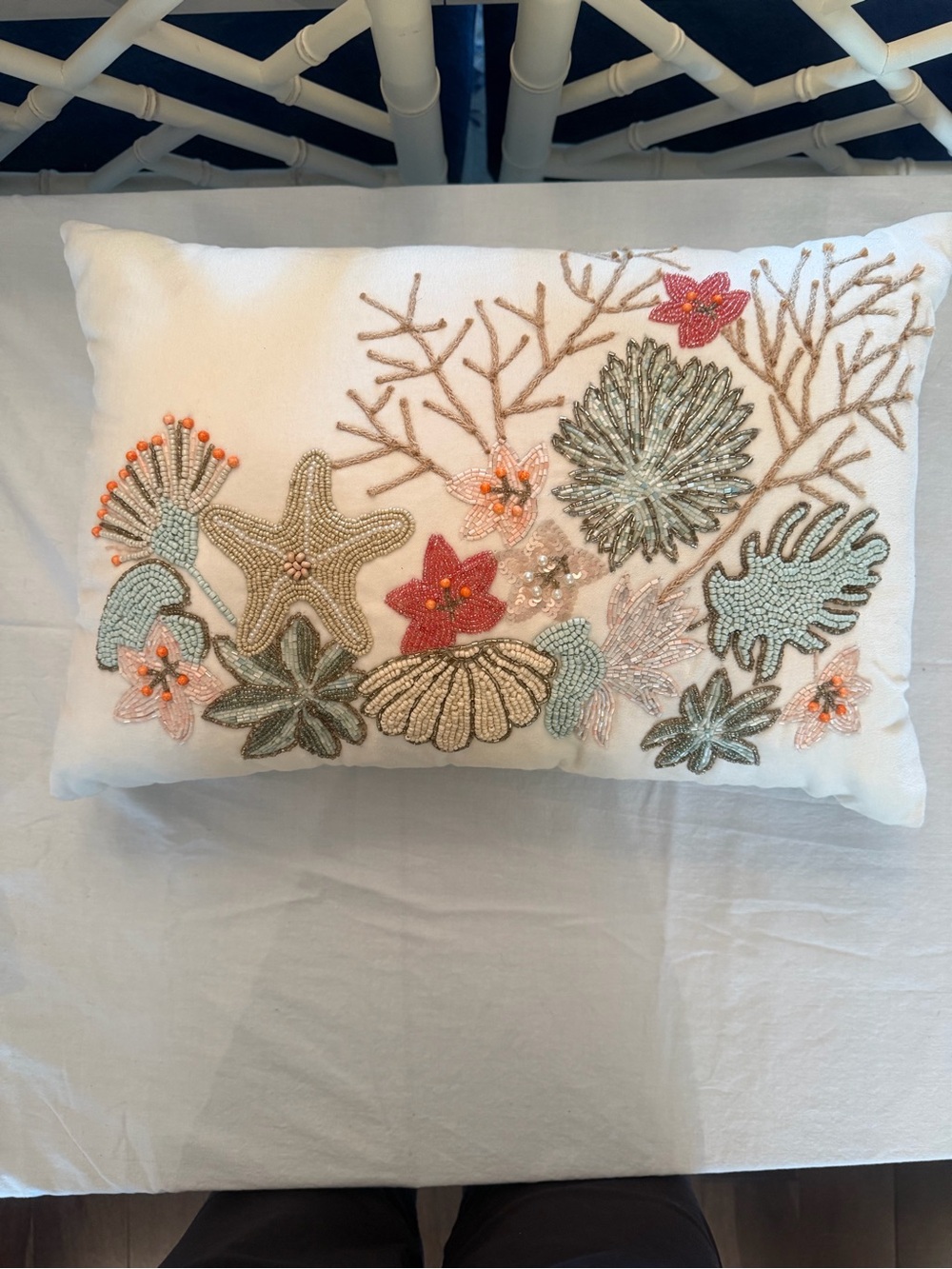 Pier 1 Beaded Coastal Motif Accent Pillow - White, Coral, Aqua, Gold